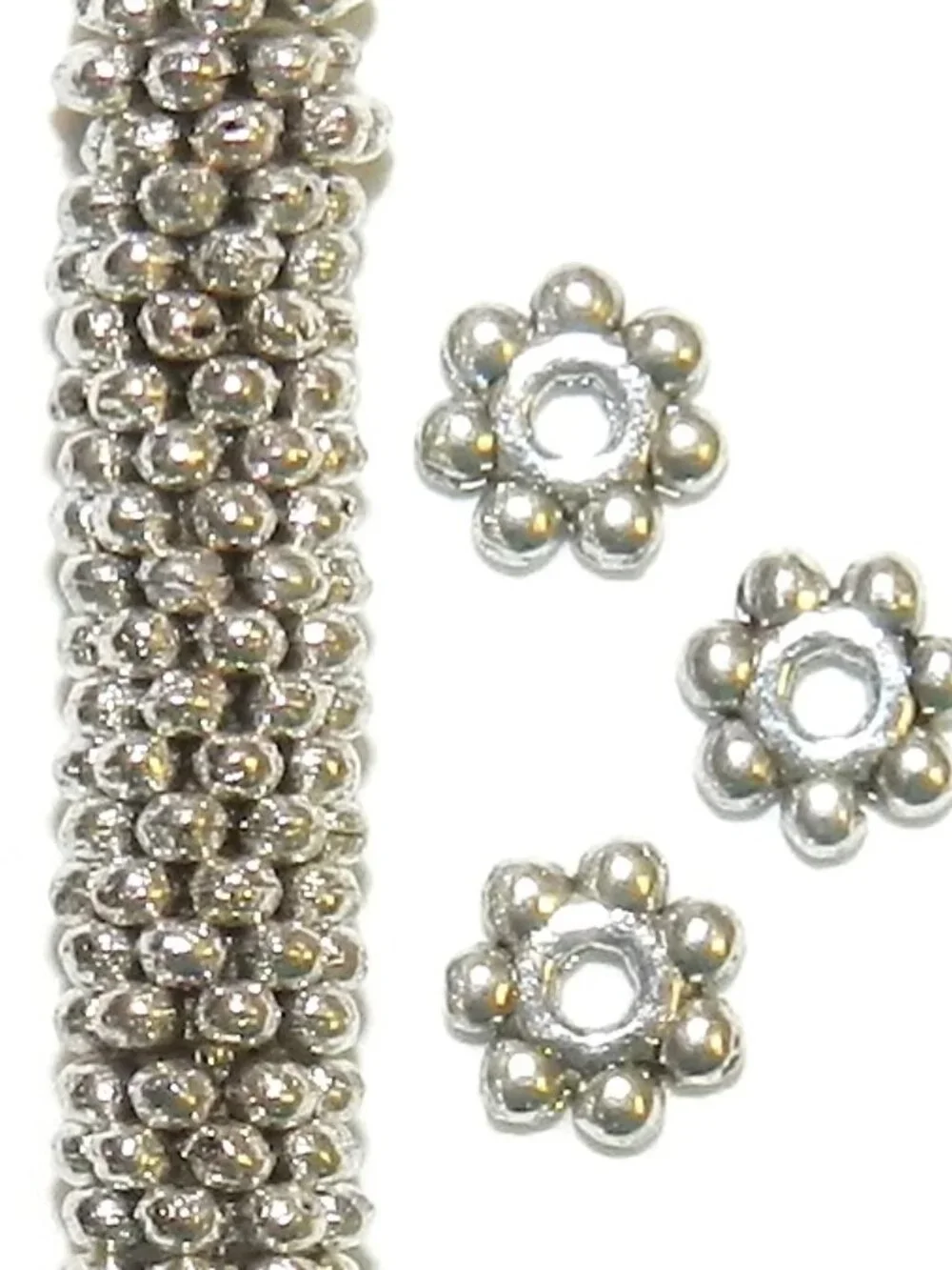 MB7314 Antiqued Silver 4mm Round Dotted Daisy Flower Rondelle Metal Bead 50pc